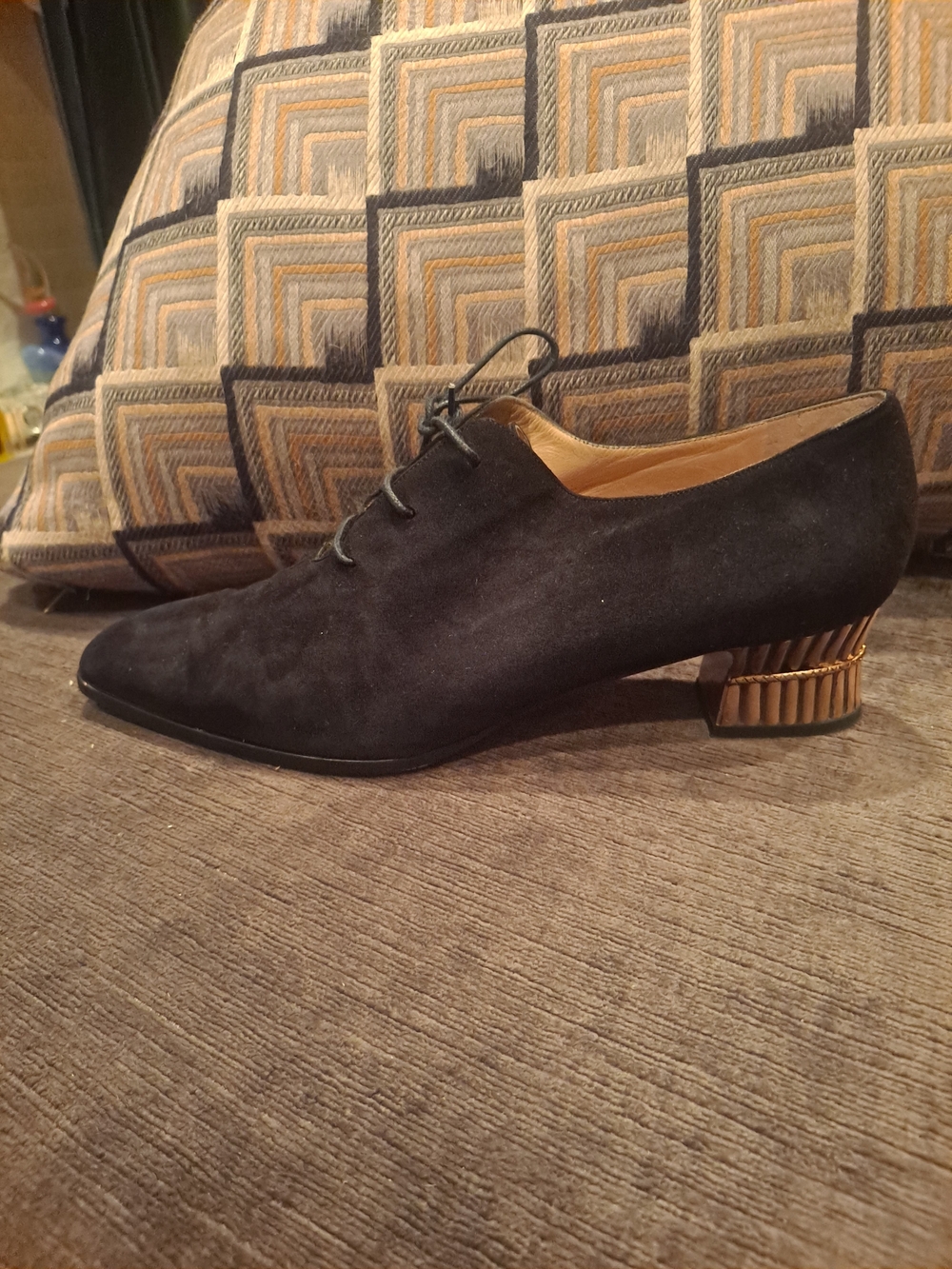 Sandro Black Suede Lace-Up Oxford with Gold-Tone Stacked Heel